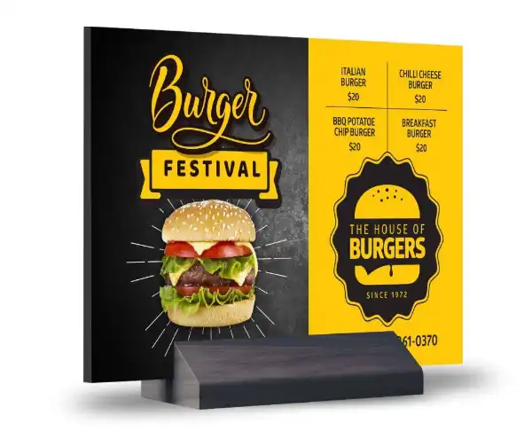 The House of Burgers tabletop flyer display mockup